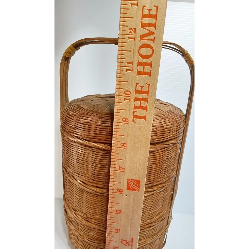 Vintage Woven Wicker Rattan Wood 3-Tiered Bento Box Handle Cottagecore Boho